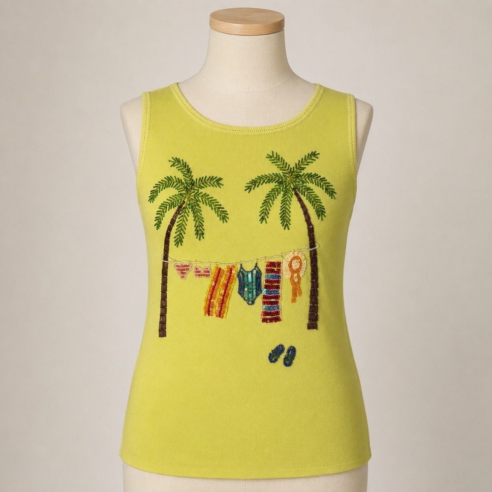 Bethany Tropical Beaded Sequin Beach Palm Tree Tank Top Sz M Lime Green Novelty